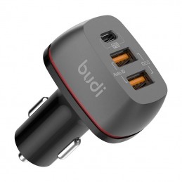 Car charger Budi, 2x USB + USB-C, QC + PD (black)