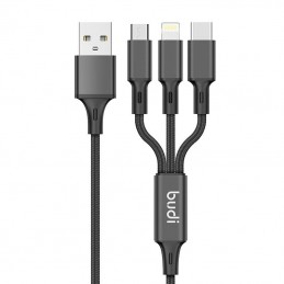 Budi Car Charger, 2x USB, 2.4A + 3in1 USB to USB-C / Lightning / Micro USB Cable (Black)