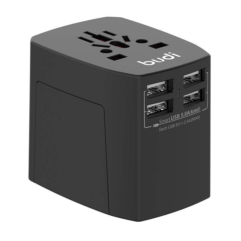 Universal Wall Charger / AC Adapter Budi 4x USB, 5A, EU/UK/AUS/US/JP (black)