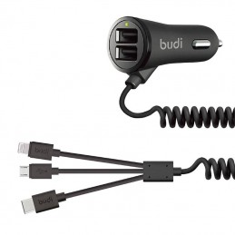 Budi LED car charger 2x USB, 3.4A + 3in1 USB to USB-C / Lightning / Micro USB cable (black)