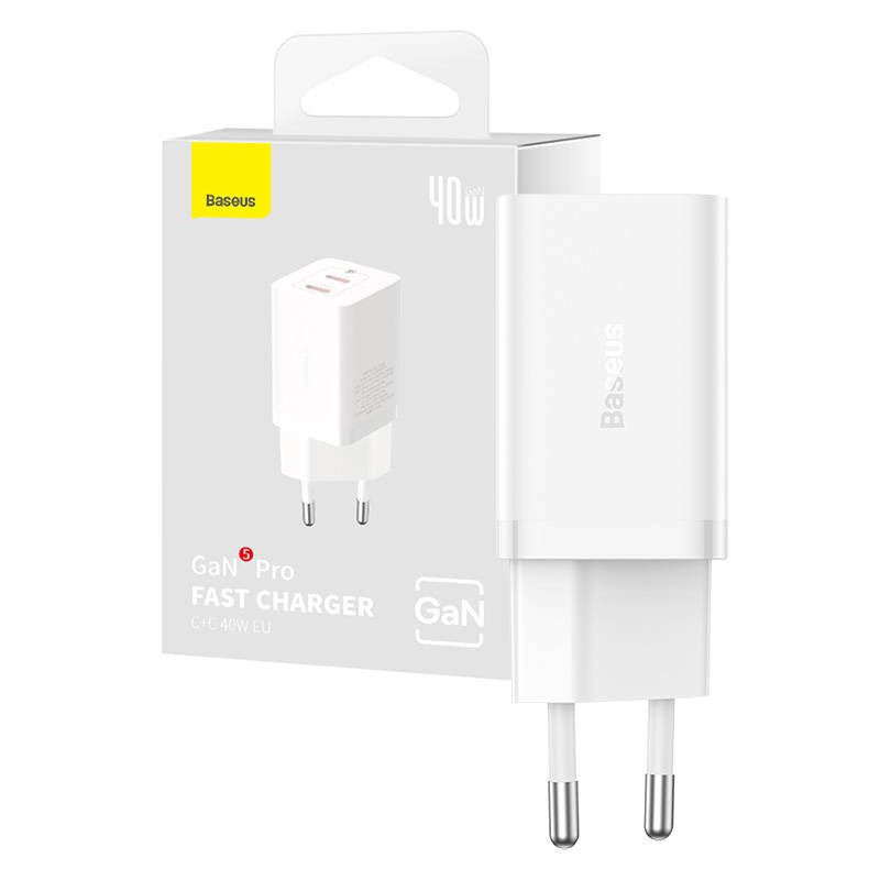 Wall Charger Baseus GaN5 40W, 2x USB C (White)