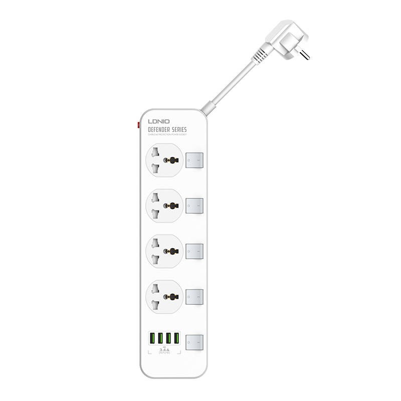 Power strip with 4 AC sockets, 4x USB, LDNIO SC4408, EU/US, 2500W (white)