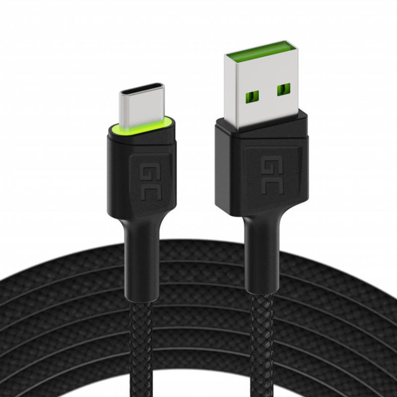 Cable USB - USB-C Green Cell GC Ray, 200cm, green LED, with Ultra Charge, QC 3.0