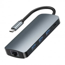 Remax Retor Series RU-U91 9in1 USB-C Hub, 3x USB 3.0, USB-C, RJ45, HDMI, 3.5 mm, SD/TF (gray)