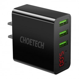 Wall Charger Choetech C0026, US plug, 3x USB-C with digital display 15W (black)