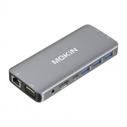 MOKiN 10 in 1 Adapter Hub USB-C to 3x USB 3.0 + USB-C charging + HDMI + 3.5mm audio + VGA + 2x RJ45 + Micro SD Reader (silver)