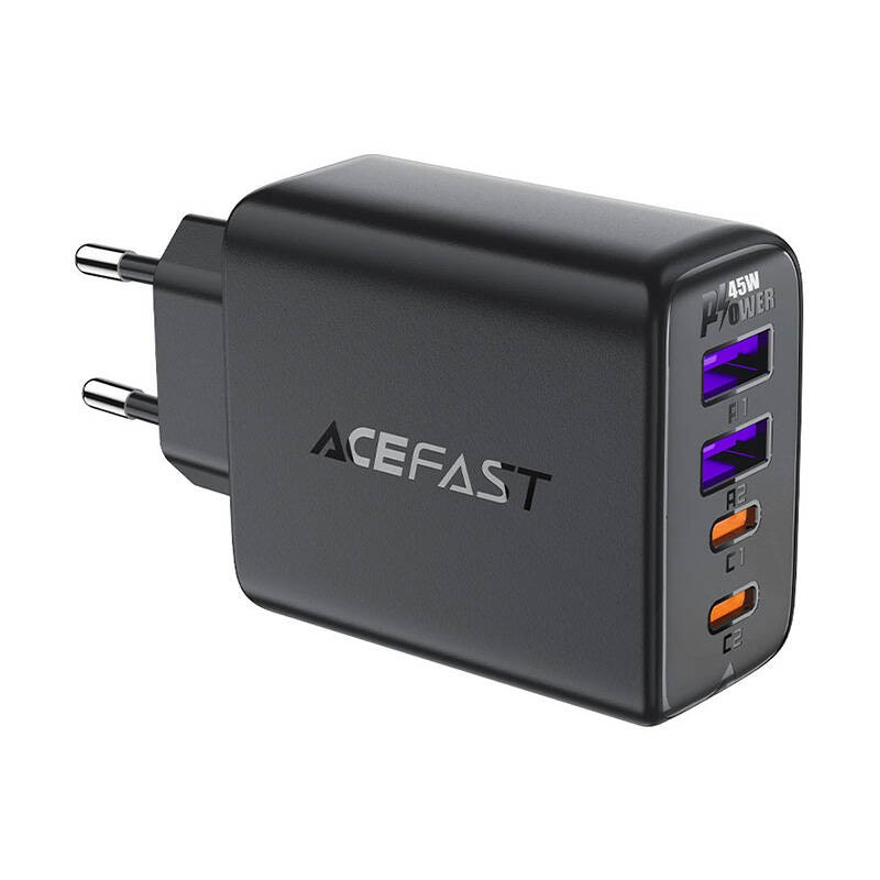 Wall charger Acefast A61 GaN 2xUSB-A, 2xUSB-C PD45W EU (black)