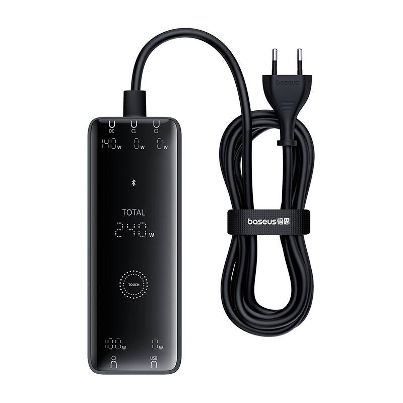 Digital Charger Baseus GaN , 3x USB-C + USB + DC, 240W + cable1m (black)