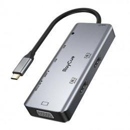 Hub 9w1 RayCue USB-C do 2x USB-A 3.0 5Gbps + 2x SD/TF 3.0 + 2x HDMI 4K30Hz + VGA 1080p + jack 3,5mm + PD 3.0 100W (szary)