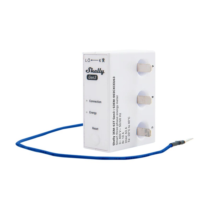 Miernik energii 1-3-kanałowy WiFi Shelly 3EM-63T Gen3 (płaski zacisk) Miernik energii 1-3-kanałowy WiFi Shelly 3EM-63T Gen3 (płaski zacisk)