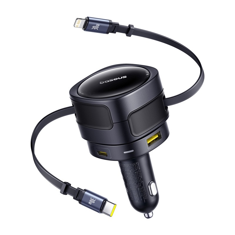 Ładowarka samochodowa Baseus Enjoyment Max z kablami USB-C+Lightning i portami USB-A+USB-C 90W Czarny Ładowarka samochodowa Baseus Enjoyment Max z kablami USB-C+Lightning i portami USB-A+USB-C 90W Czarny