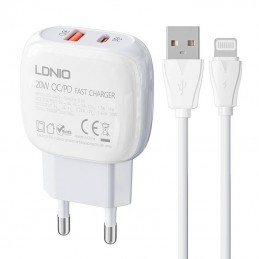 Wall charger  LDNIO A2313C USB, USB-C 20W + USB to Lightning cable