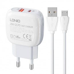 Wall charger  LDNIO A2313C USB, USB-C 20W + MicroUSB cable