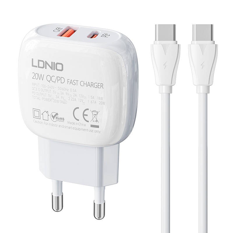 Wall charger  LDNIO A2313C USB, USB-C + USB-C - USB-C cable