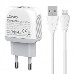 Wall charger  LDNIO A2316C USB, USB-C + Lightning cable