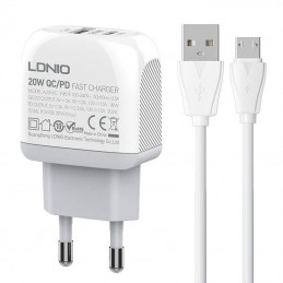 Wall charger  LDNIO A2316C USB, USB-C + MicroUSB cable