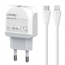 Wall charger  LDNIO A2313C USB, USB-C + USB-C - Lightning cable