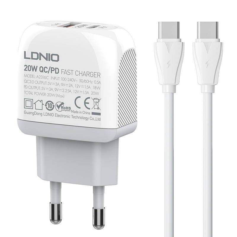 Wall charger  LDNIO A2316C USB, USB-C + USB-C - USB-C cable