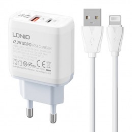 Wall charger  LDNIO A2421C USB, USB-C 22.5W + Lightning cable