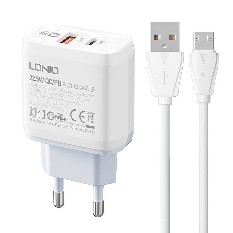 Wall charger  LDNIO A2421C USB, USB-C 22.5W + MicroUSB cable