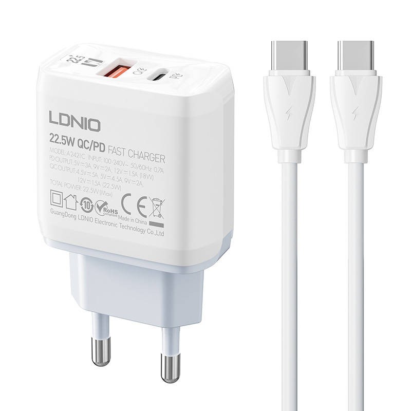 Wall charger  LDNIO A2421C USB, USB-C 22.5W + USB-C - USB-C cable