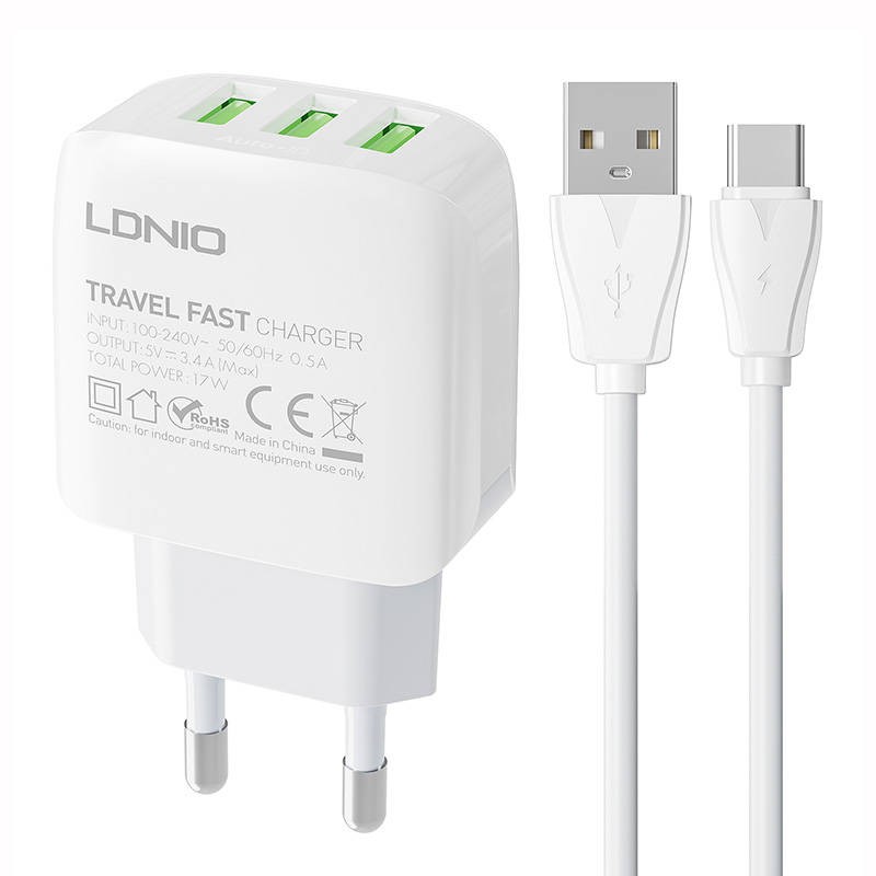 Wall charger LDNIO A3312 3USB + USB-C cable