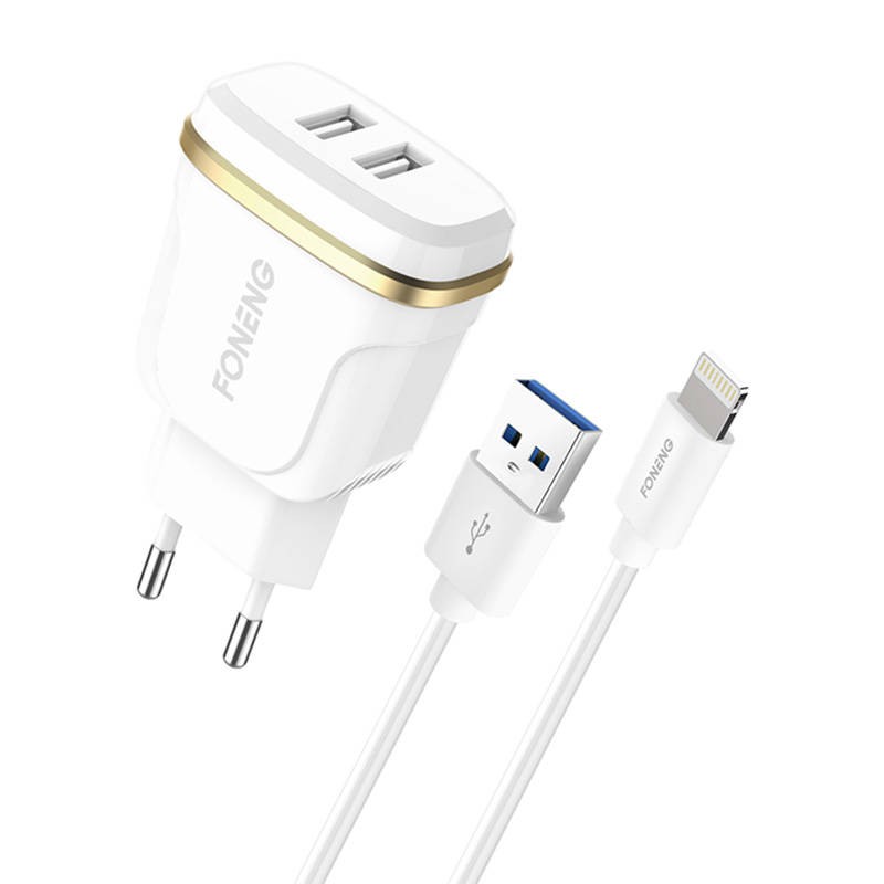 Foneng T240 2x USB wall charger, 2.4A + USB to Lightning cable (white)