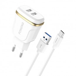 Foneng T240 2x USB wall charger, 2.4A + USB to USB-C cable (white)